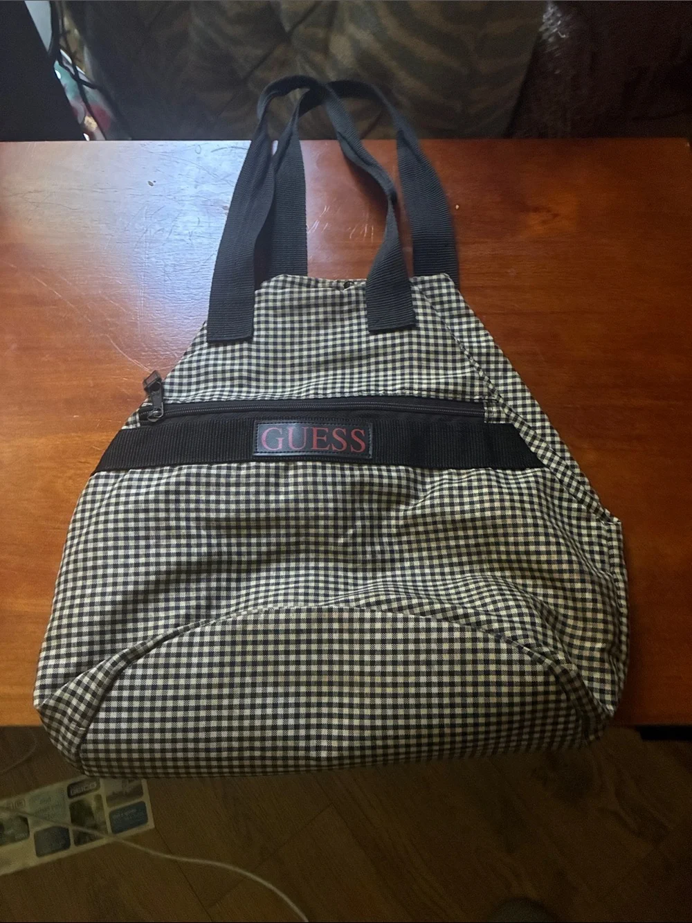GUESS Black & White Gingham Duffel Tote with Front Zip